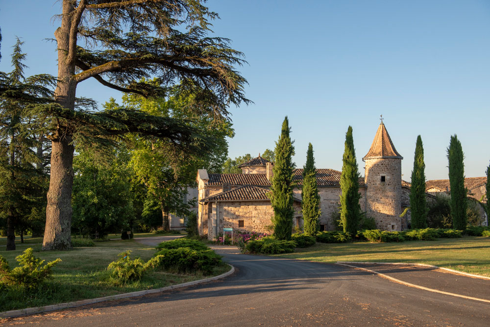 Allée d’entrée bordée d’arbres et bâtiments en pierre