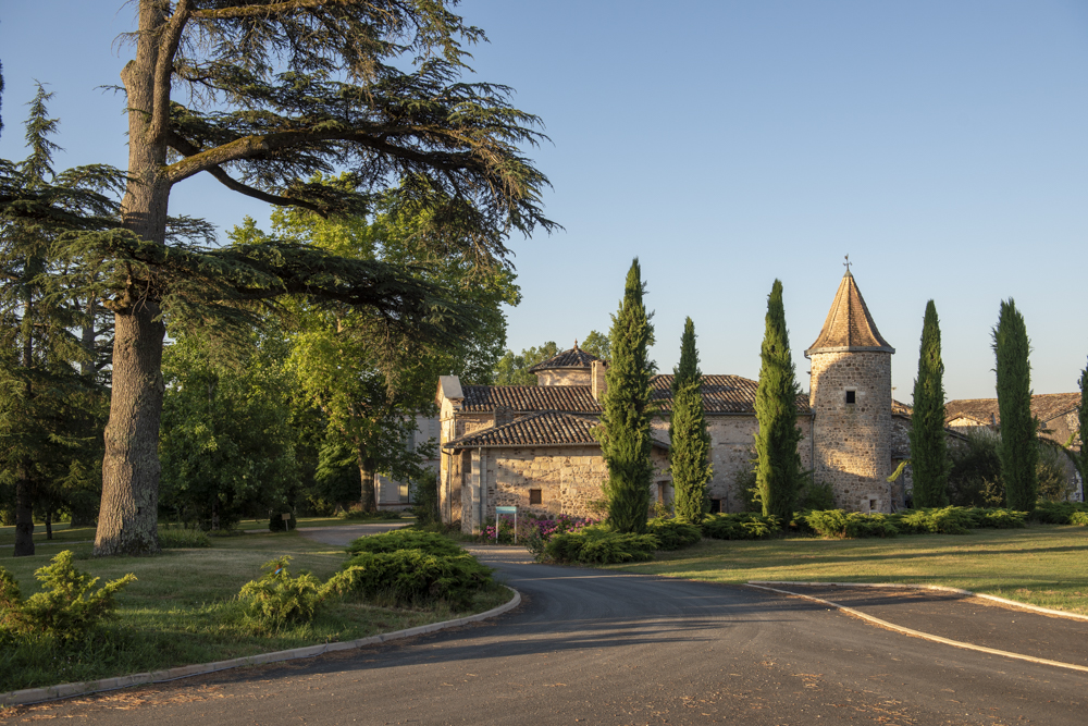Allée d’entrée bordée d’arbres et bâtiments en pierre